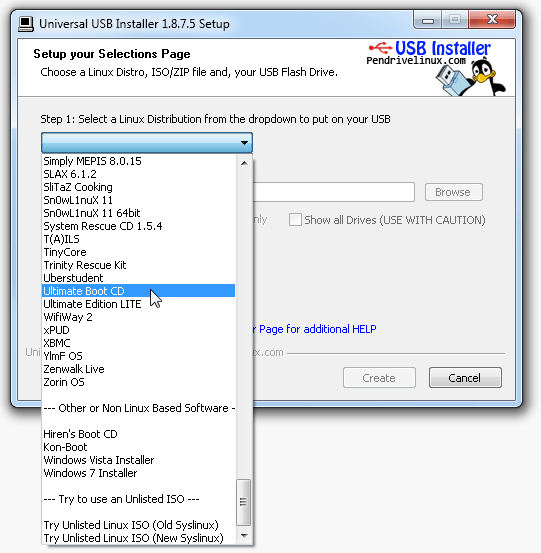 1: In dem DropDown Ultimate-Boot-Disk auswählen